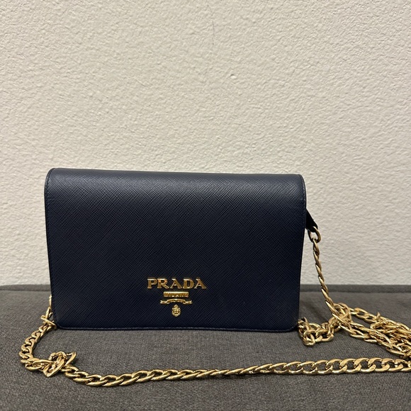 Prada Navy Leather Crossbody with Gold Chain - Picture 1 of 6